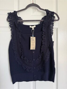 Navy Crochet Trim Sleeveless Knit Top